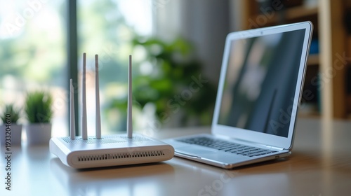 Modern Router and Laptop on Wooden Table in Bright Room With Plants During Da...