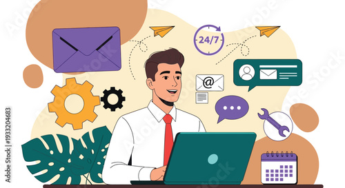 Business office worker using laptop computer with floating communication icons mail clock gears and calendar elements for professional customer support concept