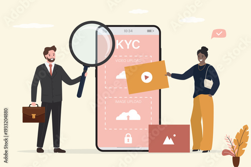 KYC, Know Your Customer. Businessman research and approve profile identity on mobile phone. Woman user uploading files for personal identification.