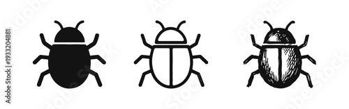 Beetle Bug Icon Set: Insect, Malware, and Computer Virus Symbols - Silhouette, Outline, and Hand-Drawn Styles.