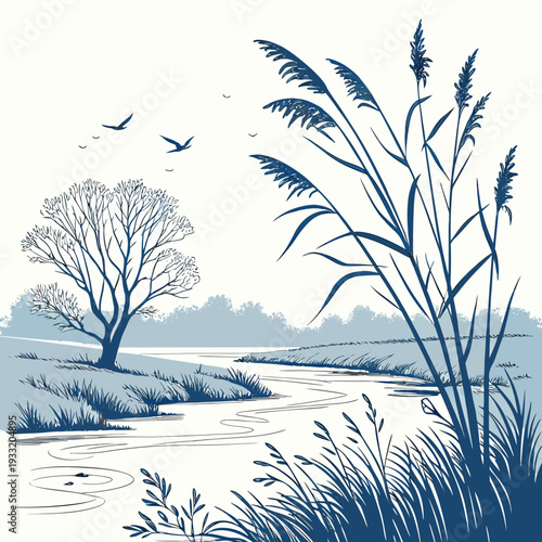 Winter morning still water scene with frosted reeds and tree