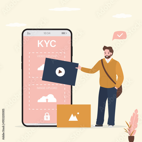 KYC, Know Your Customer. Profile identity symbol on mobile phone. Smart male user uploading photo and video files for personal identification.