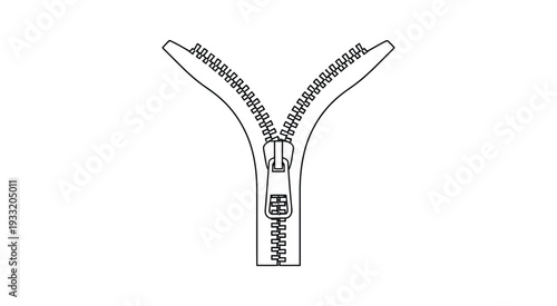 Open zipper mechanism illustration, detailed view of zipper teeth, slider and tape structure, clothing fastener component, apparel hardware design element, realistic technical vector illustration.