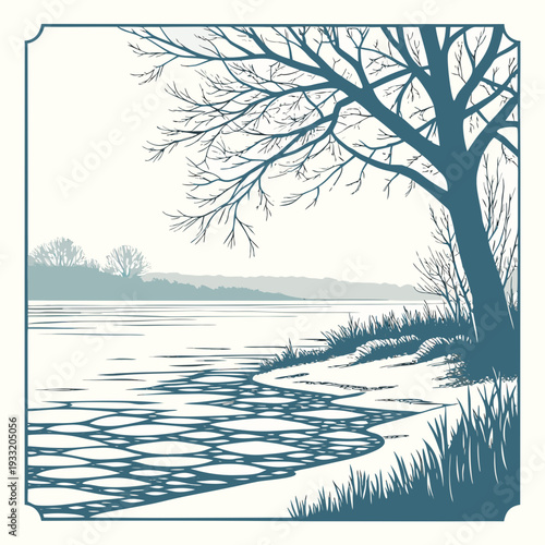 Frosty lakeside scene with bare tree and misty background