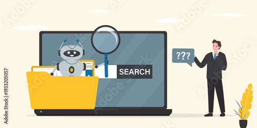 Male user stands at laptop screen and talks to smart AI assistant. Information is searched and data and files sorted using robot or chatbot. Smart robot