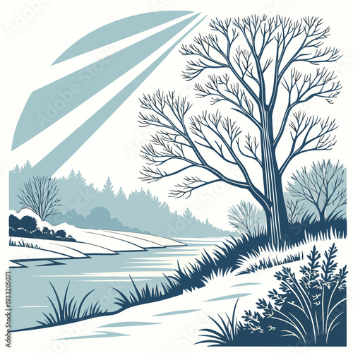 Winter landscape with bare tree and frosty shrubs by serene lake