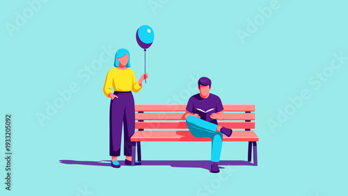 Woman holding balloon while man reading book on park bench  