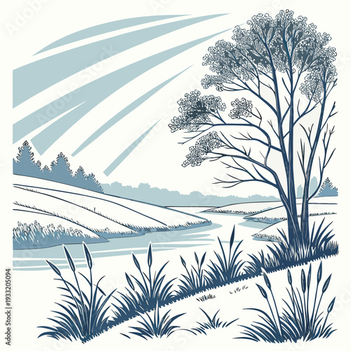 Winter landscape with frost coated shrubs near stream