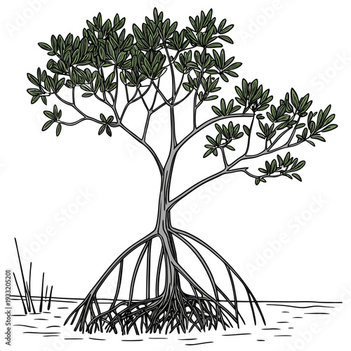 Mangrove tree with exposed roots and green leaves on white background 2