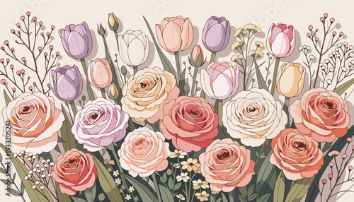 Colorful floral bouquet with roses and tulips in vintage style  