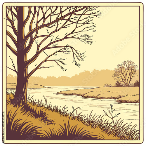 Sepia river landscape with bare tree and grassy banks