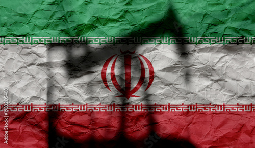 Textured Iranian flag with the silhouette of an oil pump on the front. Concept of economic and political hardship.