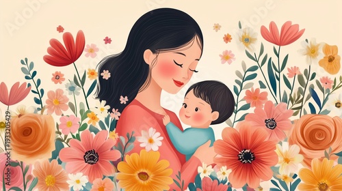 Mother Holds Baby Among Colorful Flowers in a Garden