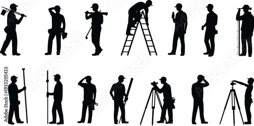 Construction and land survey worker silhouettes with ladder, measuring staff and tripod equipment, professional engineering labor concept, black vector illustration isolated on white background