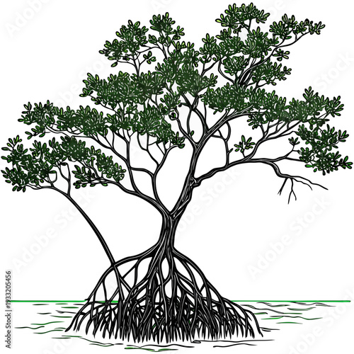 Mangrove tree with tangled roots and green leaves