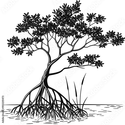 Black and white of mangrove tree with exposed roots and water