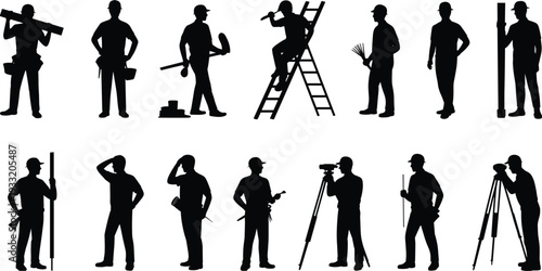 Construction and land survey worker silhouettes with ladder, measuring tools and tripod equipment, professional engineering labor concept, black vector illustration isolated on white background