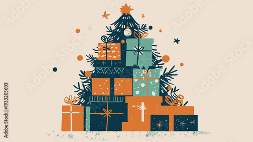 Stylized Christmas tree made of stacked gift boxes and presents. Festive holiday illustration for celebration and winter season.
