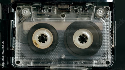 Retro radio tape recorder, audio cassette close-up. Listening to music, old radio boom box player, macro of vintage music listening. 
