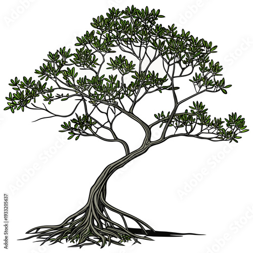 Mangrove tree with exposed roots and green leaves on white background 14