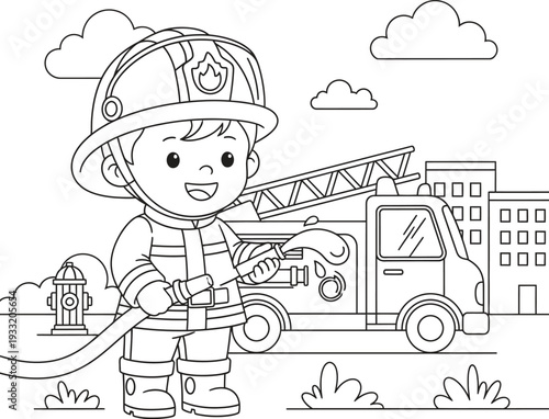 Little firefighter in action with fire truck and hose