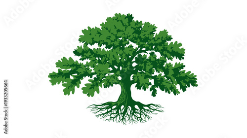 Vibrant green mature tree illustration with deep roots, symbolizing growth, strength, stability, and nature's vitality.