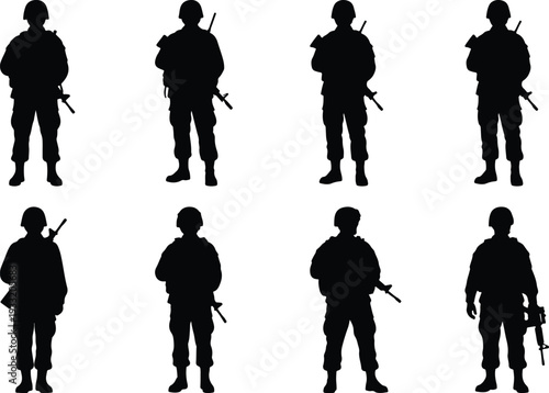 Set of eight soldier silhouettes in tactical gear, holding rifles, signifying military power.