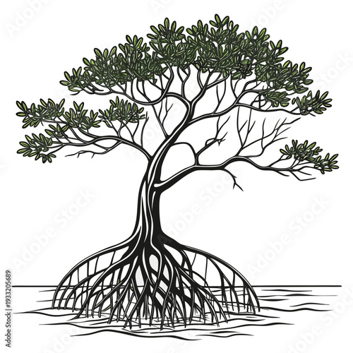 Mangrove tree with exposed roots in water nature