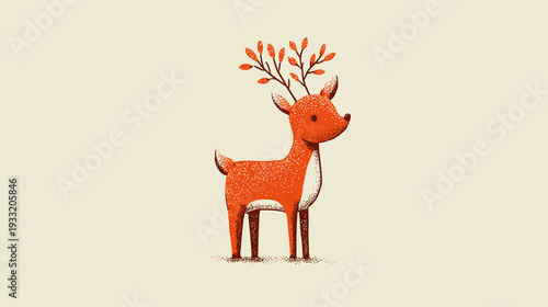 Charming autumnal deer illustration with leaf antlers on a light background. Cute stylized woodland fawn perfect for fall designs.