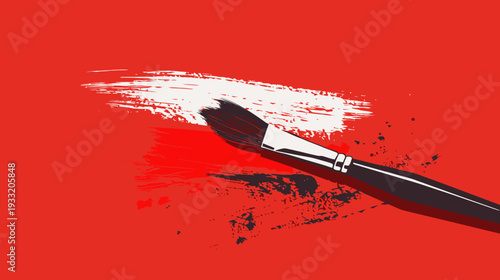 Artist paintbrush making white strokes on a vibrant red background with black paint splatters, illustrating creative art and design.
