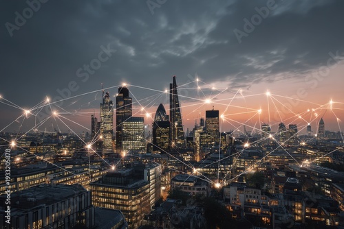 Cityscape Connectivity: An illuminated cityscape at twilight, interconnected by lines of light, epitomizes the convergence of urban life and technological advancement.
