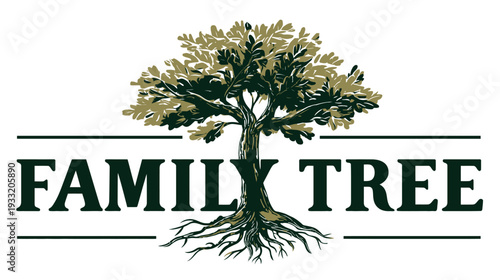 Elegant Family Tree Illustration with Roots & Branches, Symbolizing Genealogy, Heritage, Legacy, Connection, and Growth