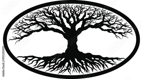 Strong oak tree silhouette with detailed roots and branches inside an oval frame. Nature emblem representing life, growth, strength, and ecology.
