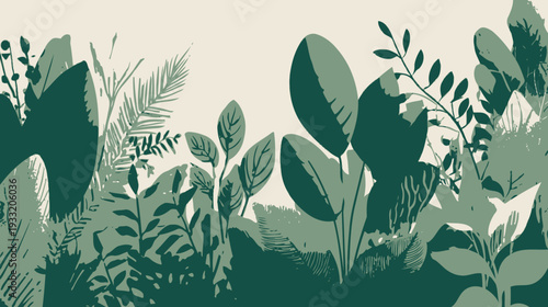Lush green tropical leaves and botanical foliage illustration in a flat graphic design style, natural jungle background pattern