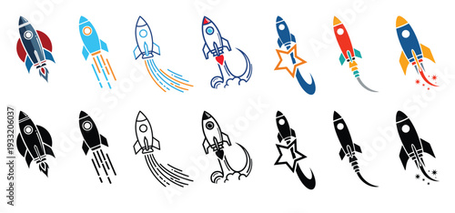 Rocket Launch Icon Set Vector Collection, Startup Business Growth and Innovation Concept with Dynamic Space Ship Takeoff Symbols, Flat and Silhouette Design for Technology Branding, App UI and Web