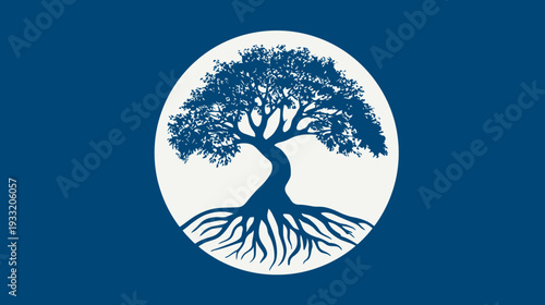 Stylized blue tree with roots inside a white circle, set against a dark blue background. Graphic illustration representing nature, growth, and strength.