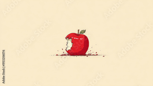 Red apple with bite missing and crumbs