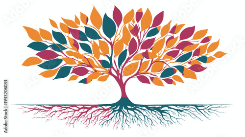 Vibrant Tree of Life illustration with colorful leaves and deep roots, symbolizing growth, nature, connection, and family ancestry
