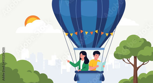 Two people in a hot air balloon, one pointing at horizon, other reading map, cityscape and trees in background under sunny sky