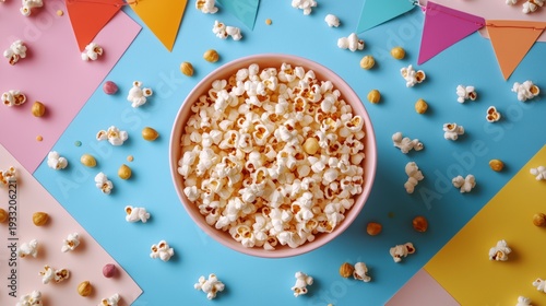 Colorful Party Scene With Bowls of Popcorn and Decorations for Special Events