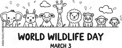 Black and white cartoon wild animals lineup illustration with elephant giraffe lion monkey dog sheep zebra for wildlife day