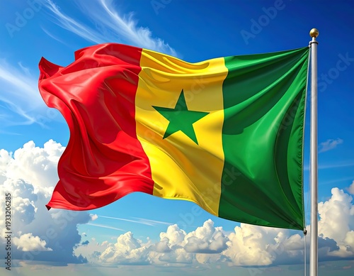 Senegal flag waving in blue sky.