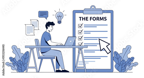 Person working on laptop at desk with documents and light bulb overhead representing idea generation and task completion with large checklist clipboard showing progress and workflow management