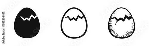 Cracked Egg Icon Set - Broken Shell or Hatching Egg Symbol in Solid, Outline, and Hand-Drawn Styles