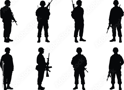 Group of eight stylized soldier silhouettes in full gear, armed with rifles, depicted in various static and dynamic poses, representing the strength of the armed forces.