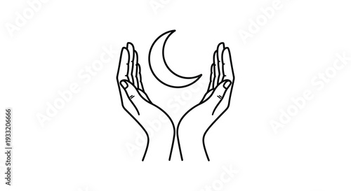 Two cupped hands gently cradle a crescent moon in a minimalist black and white design silhouette high quality professional detailed
