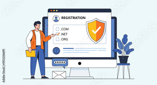 Man registering domain name on computer screen selecting .net option with security shield and password symbol for website registration and online identity protection services