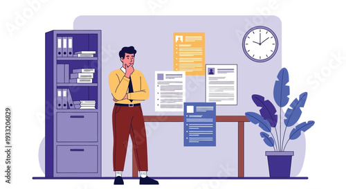Man in office contemplating resume applications pinned to wall near filing cabinet and clock showing time management and career decision making process for job search