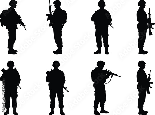 Set of eight black silhouette vector images depicting soldiers in uniform with firearms, ready for action on a clean background.