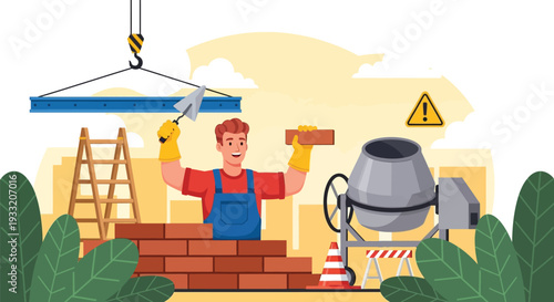 Happy construction worker building brick wall at site with cement mixer and crane while wearing professional uniform and protective gloves in sunny outdoors